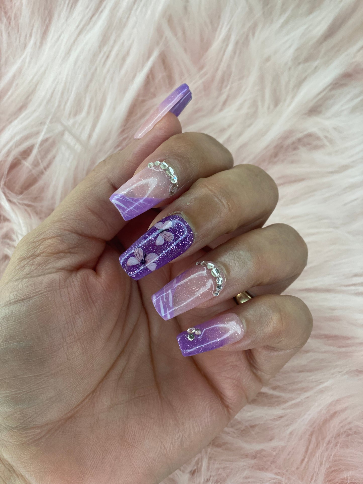 Purple butterfly square short nails