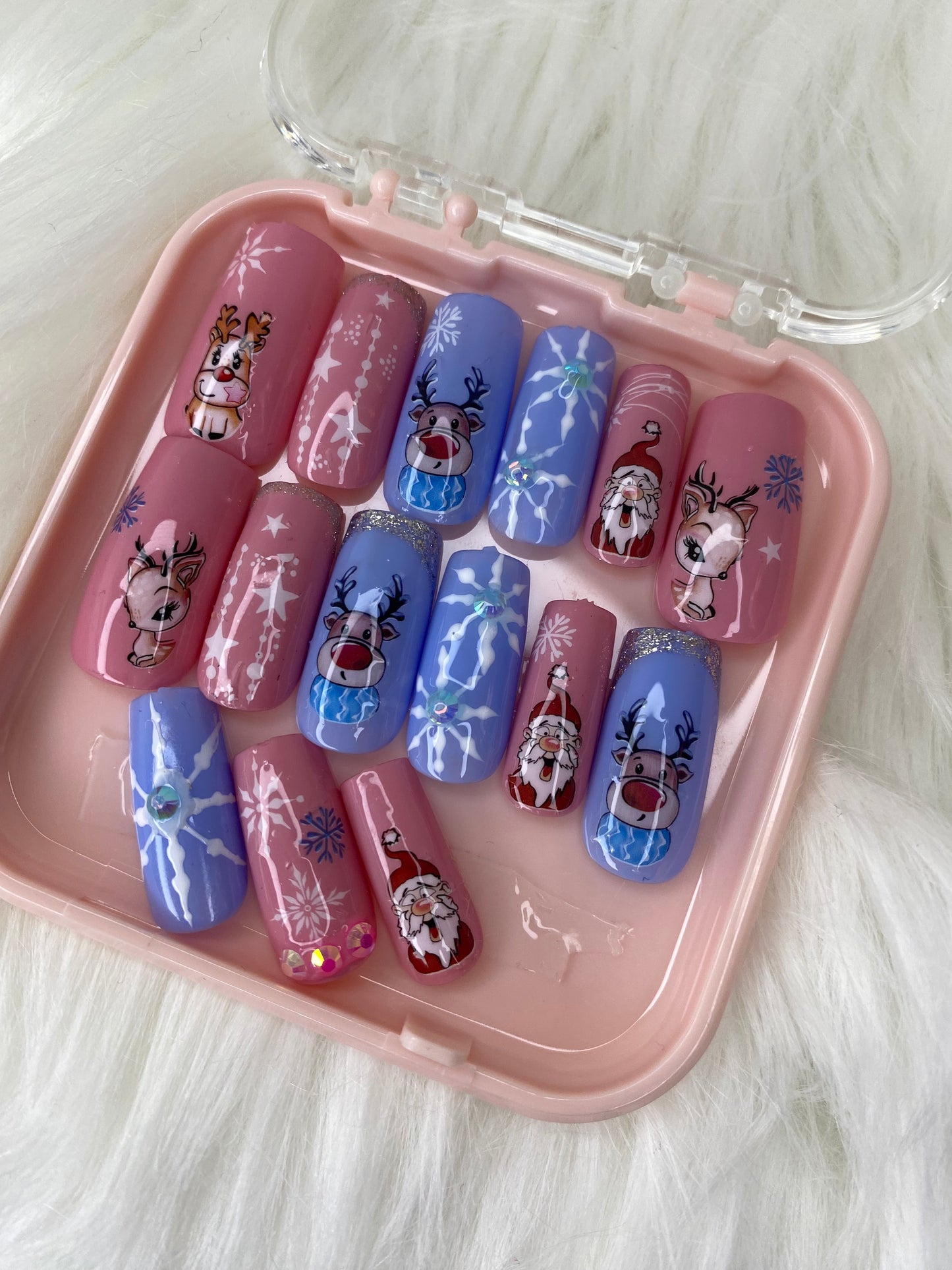 Blue and pink Christmas nails